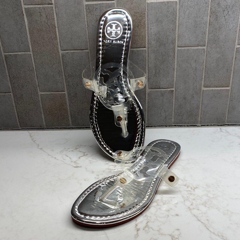 Tory Burch Mini Miller Clear T-Strap Metallic Silver Logo Sandals Flip Flops 8
